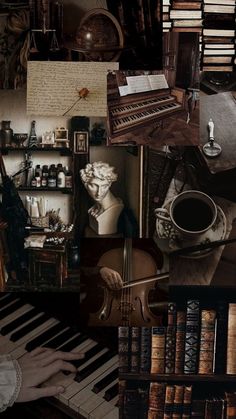 a collage of photos with an old piano, books and other items on it