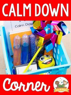 a blue container filled with toys and the words keep calm down on top of it