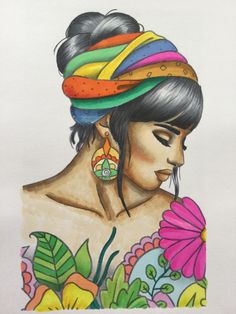 a drawing of a woman with an ear ring and colorful head scarf on her head