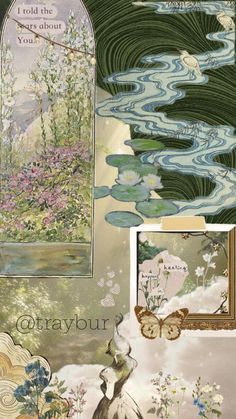 a collage of art work with flowers and water lilies in the foreground