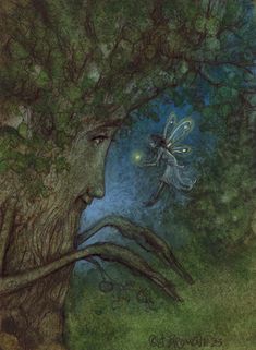 a drawing of a woman's face next to a tree with a fairy on it