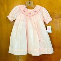 The Is A Nice Fancy Little Dress That Has A Full Complete Slip Underneath. Hand Smocking Around The Collar Of Flamingos. Size 9month Short Sleeve Dresses With Smocked Back For Playtime, Cotton Smocked Dress With Short Sleeves For Playtime, Spring Fitted Smocked Dress For Playtime, Easter Smocked Dress, Yellow Baby Dress, Plaid Christmas Dress, Hand Smocking, Hand Smocked Dress