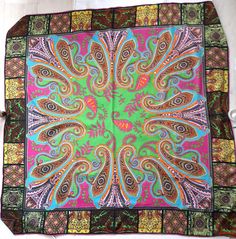 "1990's Huge Silk Twill Shrug Scarf / Wrap / Shawl / Sarong with inverted( mark of quality ) plump hand rolled edges and tag by Etro Milano . Made in France . Colourful in black , pinks , green , yellow , orange , blues , browns etc . A stunning huge scarf in a striking colourway . Shrug Scarves currently retail over £500 . Design : Paisley Abstract . Measurements : 127 cm(50 \") by 126 cm ( 49 1/2\") . So large I struggled to get a picture of it laid flat . Condition : Excellent / Superb , appears little used .  Clean with vibrant true colour . Ideal for film , theater , re enactment or the pleasure of wearing something original and authentic from the past  . One stunning scarf . I ship Worldwide Airmail Tracked or Signed and happily combine items to save on shipping where possible . I re Shrug Scarf, Huge Scarf, Butterfly Cutout, Vintage Nursery, Wrap Shawl, Designer Scarves, Scarf Design, Silk Twill, Sarong