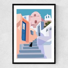 an art print of stairs leading up to a building with a blue door on it