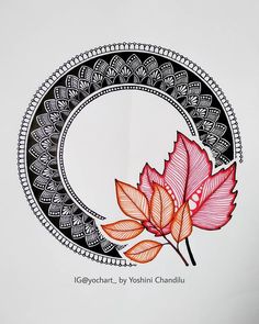 a drawing of a red flower on top of a black and white circular frame with the words lovecraft by yoshin chandelu