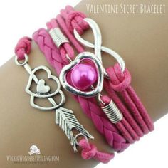 Valentine Secret Dark Pink Bracelet Leather Friendship Bracelet, Silver Friendship Bracelets, Leather Charm Bracelets, Leather Bracelets Women, Cupids Arrow, Infinity Love, Pearl Leather, Stackable Bracelets, Layered Bracelets