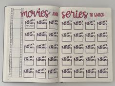 a notebook with movies and series to watch written in red ink on the front cover