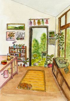 a watercolor and ink drawing of a living room