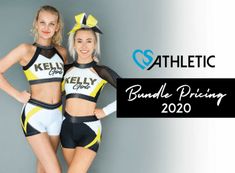 two women in cheer uniforms posing for the camera with their hands on their hipss