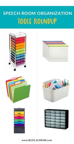 various office supplies are shown with the words speech room organization tools roundup on them