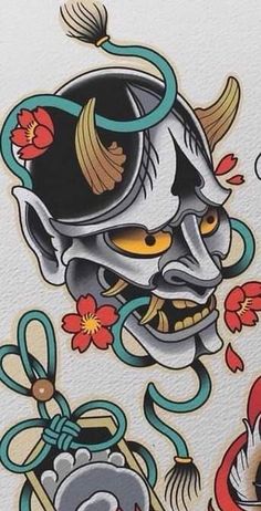 Neo Trad Hanya Mask, Hannya Mask Chest Tattoo, Japanese Swirl Tattoo, Japanese Masks Tattoos, Hanya Mask Traditional, Japanese Feminine Tattoo, Japanese Tengu Tattoo, Oni Japanese Tattoo, Hanya Mask Tattoo Traditional