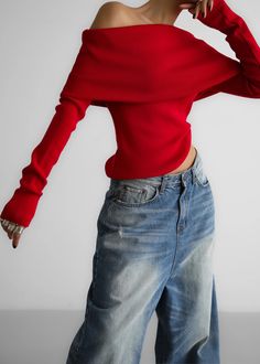 Lizzie Off The Shoulder Top - Red – The Frankie Shop Long Sleeve Knit Top, Frankie Shop, Paris Woman, Long Sleeve Knit Tops, Off The Shoulder Top, Lightweight Knit, Knitwear Women, Red Sweaters, Long Sleeve Knit