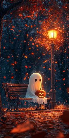 a ghost sitting on top of a bench next to a street light