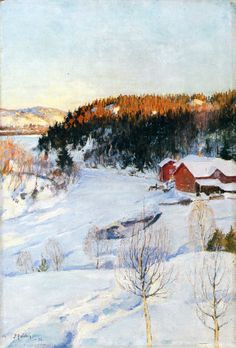 a painting of a snowy landscape with trees and a red barn in the distance,