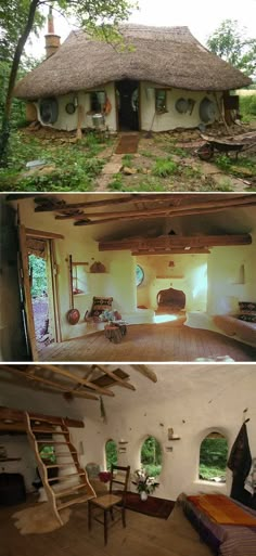 a living room filled with furniture and a fire place in the middle of a room