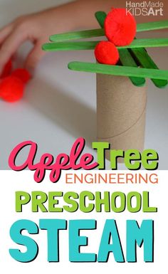 an apple tree is made out of popsicle sticks and paper straws with the words apple tree engineering preschool steam