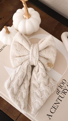 a white pumpkin sitting on top of a table next to a knitted bow tie