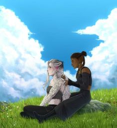 two women sitting in the grass with their backs to each other and clouds behind them