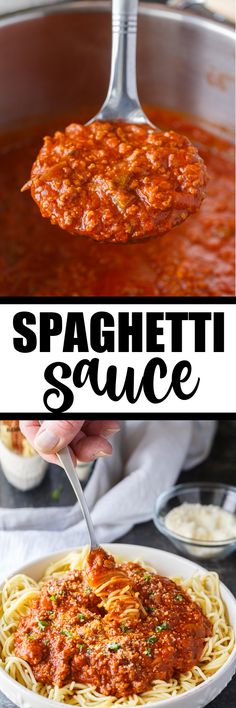 spaghetti sauce is being spooned into a pan