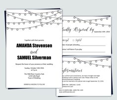 two wedding cards with string lights on them