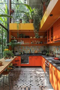 an orange and black kitchen with lots of plants