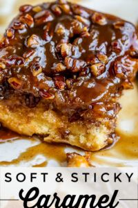 soft and sticky caramel pecan bread pudding on a plate with text overlay