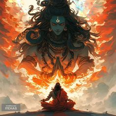 a woman sitting on top of a pile of fire