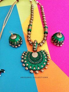 Terracotta jewellery gift for her women wear indian | Etsy Artisan Green Jewelry With Oxidized Finish, Green Artisan Jewelry With Oxidized Finish, Green Oxidized Artisan Jewelry, Green Artisan Necklace For Festive Occasion, Festive Green Artisan Necklace, Traditional Green Jewelry For Navratri, Green Bohemian Jewelry With Cutdana, Bohemian Green Jewelry With Cutdana, Traditional Green Dual-tone Necklace