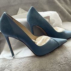 Used Once. In Great Shape. Size 43 Designer Blue Leather Heels, Light Blue Leather High Heels, Light Blue High Heel Leather Heels, Luxury Blue Leather Heels, Chic Blue Leather Heels, Blue Leather Court Shoes For Evening, Chic Light Blue Leather Heels, Blue Calf Leather Heels With Round Toe, Blue Leather High Heel Court Shoes