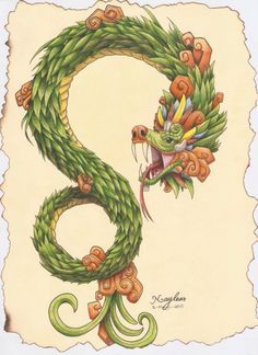 a drawing of a green dragon with flowers on it's head