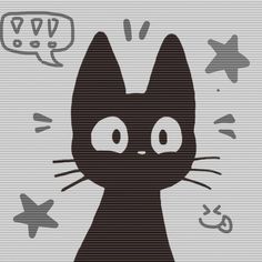 a black cat with stars and speech bubbles