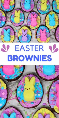 cupcakes decorated with colorful frosting and peep - ear decorations are displayed in front of the words, easter brownies