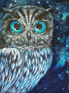 an owl with blue eyes and stars in the sky is shown on a canvas board