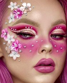 Pink Flower Makeup Looks, Pink Pride Makeup, Garden Of Time Makeup, Pink Floral Makeup, Flower Elf Makeup, Pink Fantasy Makeup, Flower Face Makeup, Roses Makeup, Flower Costume Makeup