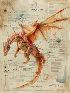 a drawing of a dragon with its wings spread out and parts labeled in the diagram below