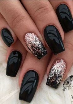 Black And White Nails, Black Gel Nails, Black Nails With Glitter, Nails With Glitter, Black Coffin Nails, Matte Black Nails, Black Acrylic Nails, Valentine Nails