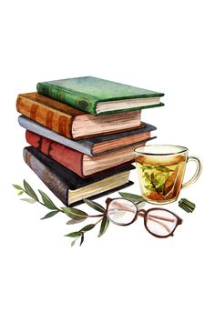 a stack of books, glasses and a cup of tea on top of each other