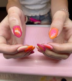 Pink, orange, yellow, aura, ombre Pink And Orange Nails Short, Ombre Orange And Pink Nails, Pink And Orange Ombre Nails Art Designs, Pink And Orange Aura Nails, Yellow And Pink Aura Nails, Pink Orange Aura Nails, Pink And Orange Aura, Aura Nails Pink And Orange, Orange Aura Nails