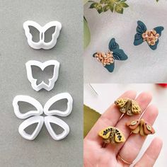 four different types of butterfly shaped cookie cutters in various shapes and sizes, with one being held by someone's hand