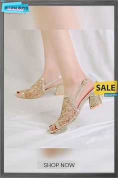 Woman Gold Open Toe Sandal Lace Square High Heel Sandals High Heel Slingback Sandals For Summer Wedding, Summer Wedding High Heel Slingback Sandals, Open Toe Sandals For Summer Evenings, Summer Evening Open Toe Sandals, Closed Toe Slingback Sandals For Summer Party, Gold Flat Slingback Sandals For Spring, Summer Wedding Closed Toe Slingback Sandals, Gold Slingback Sandals With Ankle Strap For Summer, Gold Closed Toe Slingback Sandals For Summer