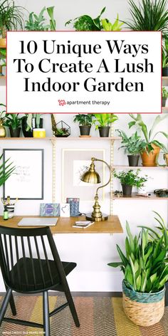 a desk with some plants on it and the words 10 unique ways to create a lush indoor garden