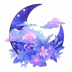 a drawing of the moon with flowers on it