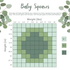 the baby squares pattern is shown in green and white, as well as numbers for each square