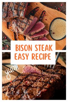 Yummy Bison Steak Recipe Bison Steak Recipes How To Cook, Bison Steak Marinade, Bison Flank Steak Recipes, Buffalo Steak Recipes, Bison Ribeye Steak Recipes, Bison Sirloin Steak Recipe, Rib Eye Steak Recipes Oven