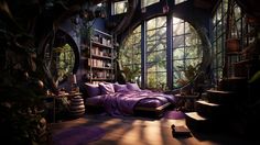 a bedroom with large windows and lots of plants on the walls, along with a bed covered in purple sheets