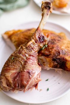 two pieces of meat sitting on top of a white plate