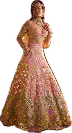 Elegant Pink Lehenga For Navratri, Pink Chandbali Set With Mirror Work, Embellished Pink Sets For Navratri, Elegant Pink Embroidered Lehenga, Elegant Pink Choli With Mirror Work, Pink Kundan Traditional Wear For Wedding, Pink Kundan Traditional Wear For Reception, Pink Kundan Choli For Wedding, Elegant Pink Lehenga With Pallu