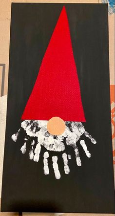 DIY Gnome handprint project on canvas December Preschool Crafts Art Projects, Christmas Art Project For Toddlers, Infant Xmas Crafts, Handprint Winter Art, Handprint Winter Crafts For Kids, Christmas Canvas Toddler Craft, Hand Print Gnome Craft, Christmas Art Canvas Kids, Toddler Arts And Crafts Christmas