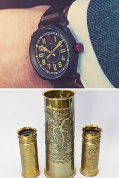 The Nº 1914 watch ➡️ Trench Art The Nº 1914 Trench Style Watch's bold forms have been designed to be easily read and visible against the dial. ‘Trench art’ is a term used to describe objects made from the debris and by-products of modern warfare. Trench Art is usually associated with the First World War, although similar items have been produced in other conflicts too. This is a WWI brass artillery shell, dated 1914-1918. Source: @hallsfineart Military Style Watches, Trench Art, Style Watch, Blue Quartz, Modern Warfare, Military Style, Wristwatch Men