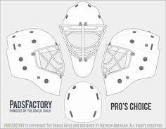 the front and back view of a goalie's helmet, with text that reads pad